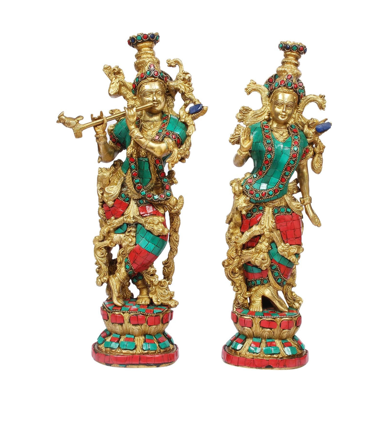 14-Inch Brass Radha Krishna Idol Colored