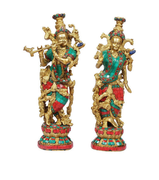 14-Inch Brass Radha Krishna Idol Colored