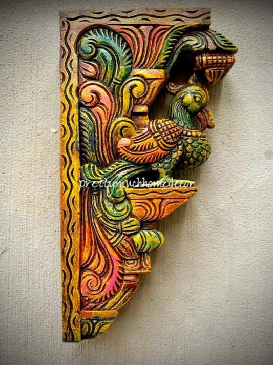 Pair of Colorful Wooden Peacock Corbels